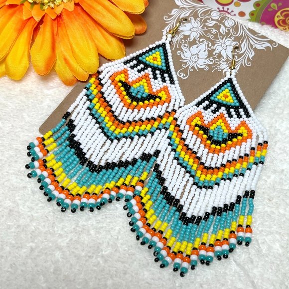 Hand Beaded Long Fringe Earrings Large Southwest Tribal Ethnic Native Indian NWT - Picture 1 of 5